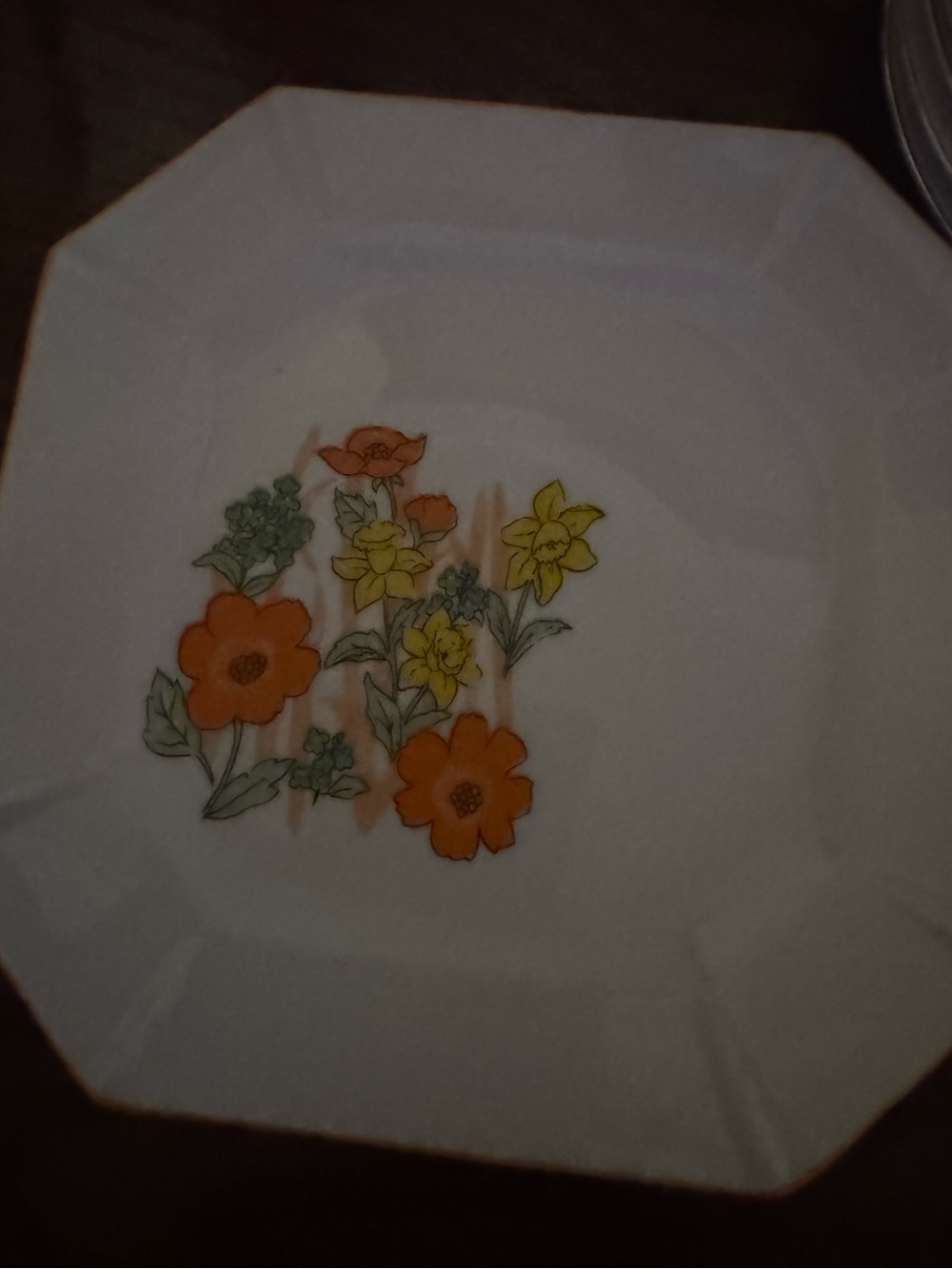 White Floral Octagonal Dinner Plate with Orange and Yellow Flowers